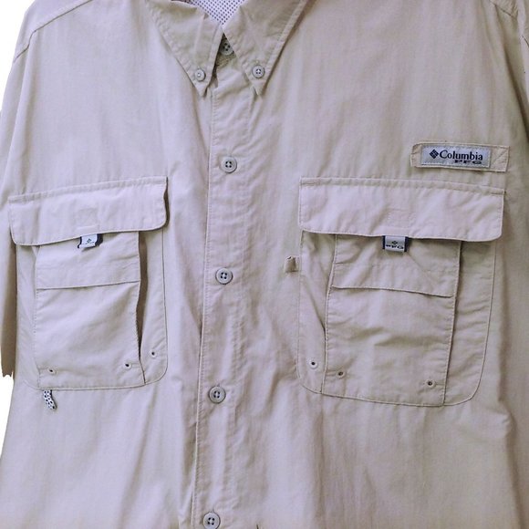Vintage 90s Columbia PFG Shirt OmniShade Mens-XXL Pockets SSL Tactel Nylon Beige - Picture 4 of 12